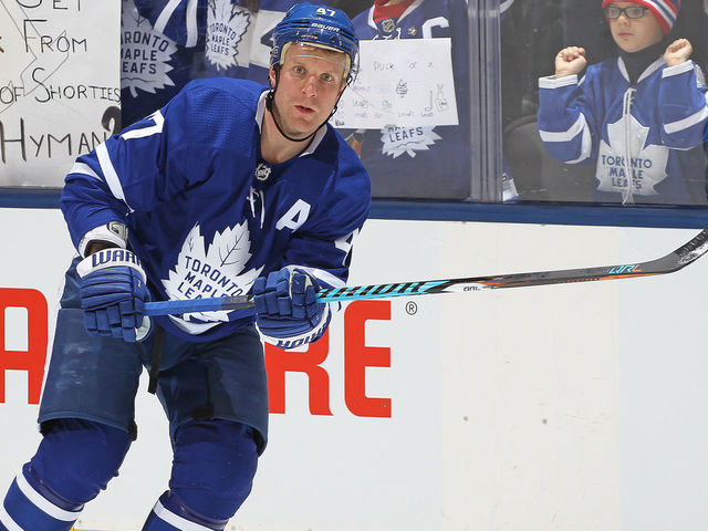 TORONTO,ON - JANUARY 16: Leo Komarov #47 of the Toronto Maple Leafs skates during the warm-up prior to playing against the St.Louis Blues in an NHL game at the Air Canada Centre on January 16, 2018 in Toronto, Ontario, Canada. The Blues defeated the Maple Leafs 2-1 in overtime.