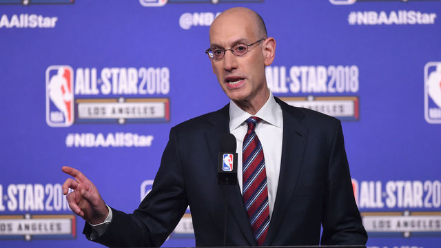 LOS ANGELES, CA - FEBRUARY 17: NBA Commissioner Adam Silver speaks onstage during the All-Star Press Conference at Staples Center on February 17, 2018 in Los Angeles, California.