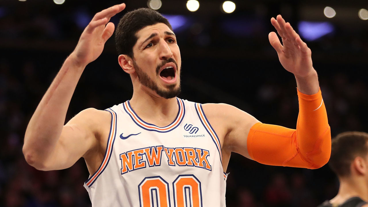 NEW YORK, NY - MARCH 13: Enes Kanter #00 of the New York Knicks reacts in the second quarter against the Dallas Mavericks during their game at Madison Square Garden on March 13, 2018 in New York City.