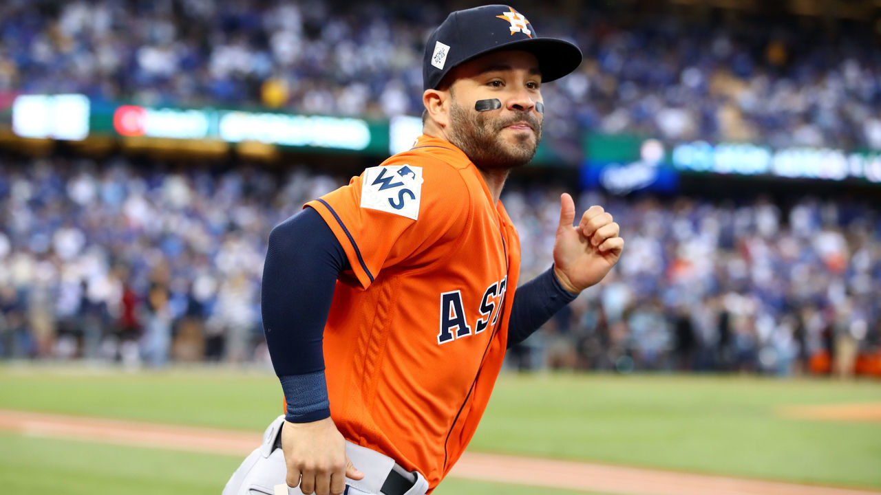 LOS ANGELES, CA - NOVEMBER 01: Jose Altuve #27 of the Houston Astros runs outside the dugout before game seven of the 2017 World Series against the Los Angeles Dodgers at Dodger Stadium on November 1, 2017 in Los Angeles, California.