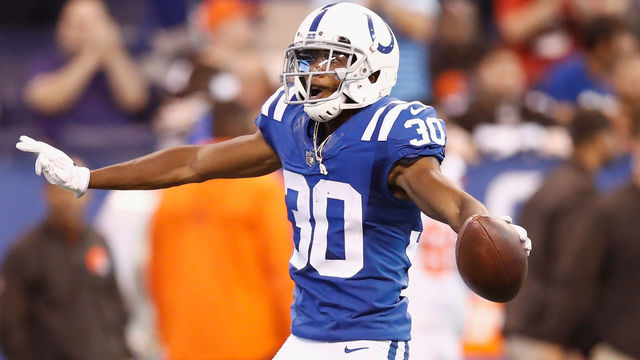 INDIANAPOLIS, IN - SEPTEMBER 24: Rashaan Melvin#30 of the Indianapolis Colts celebrates after intercepting a pass during the game against the Cleveland Browns at Lucas Oil Stadium on September 24, 2017 in Indianapolis, Indiana.