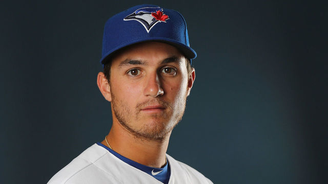 DUNEDIN, FL - FEBRUARY 22: Thomas Pannone #45 #45 of the Toronto Blue Jays poses for a portrait on February 22, 2018 at Dunedin Stadium in Dunedin, Florida.