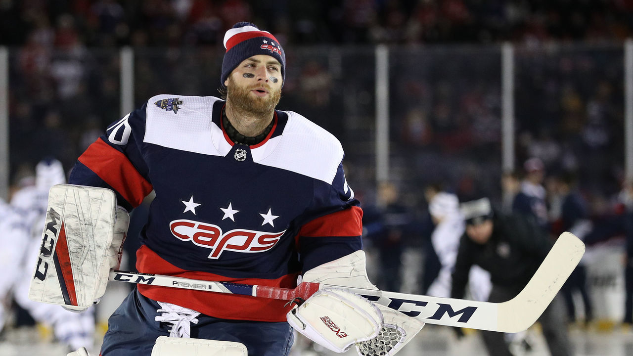 ANNAPOLIS, MD - MARCH 03: Braden Holtby #70 of the Washington Capitals in action against the Toronto Maple Leafs during the third period in the Coors Light NHL Stadium Series at Navy-Marine Corps Memorial Stadium on March 3, 2018 in Annapolis, Maryland.