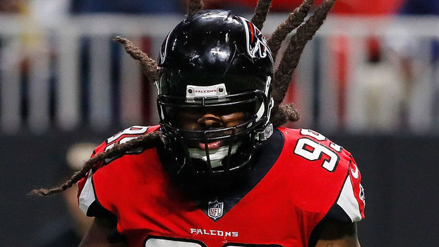 ATLANTA, GA - NOVEMBER 12: Adrian Clayborn #99 of the Atlanta Falcons celebrates a sack during the second half against the Dallas Cowboys at Mercedes-Benz Stadium on November 12, 2017 in Atlanta, Georgia.