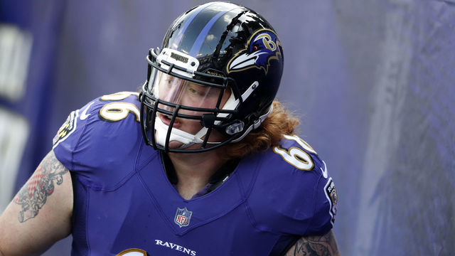BALTIMORE, MD - DECEMBER 3: Center Ryan Jensen #66 of the Baltimore Ravens takes the field prior to the game against the Detroit Lions at M&T Bank Stadium on December 3, 2017 in Baltimore, Maryland.