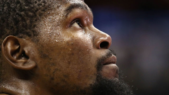 WASHINGTON, DC - FEBRUARY 28: Kevin Durant #35 of the Golden State Warriors looks on after defeating the Washington Wizards Capital One Arena on February 28, 2018 in Washington, DC.
