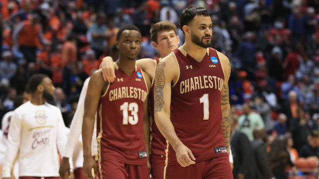SAN DIEGO, CA - MARCH 16: Joe Chealey #13 and Grant Riller #1 of the Charleston Cougars react after their 58-62 loss to the Auburn Tigers in the first round of the 2018 NCAA Men's Basketball Tournament at Viejas Arena on March 16, 2018 in San Diego, California.