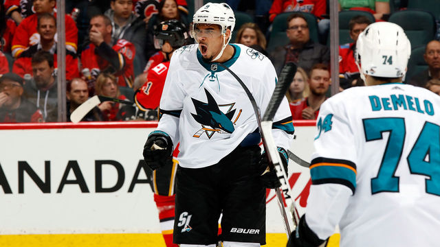 CALGARY, AB - MARCH 16: Evander Kane #9 of the San Jose Sharks celebrates a goal against the Calgary Flames during an NHL game on March 16, 2018 at the Scotiabank Saddledome in Calgary, Alberta, Canada.