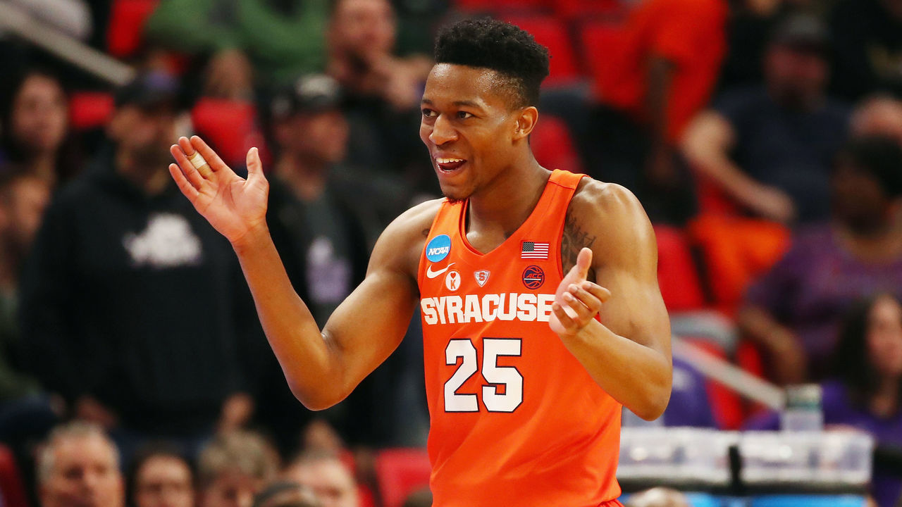 DETROIT, MI - MARCH 16: Tyus Battle #25 of the Syracuse Orange reacts during the second half against the TCU Horned Frogs in the first round of the 2018 NCAA Men's Basketball Tournament at Little Caesars Arena on March 16, 2018 in Detroit, Michigan.