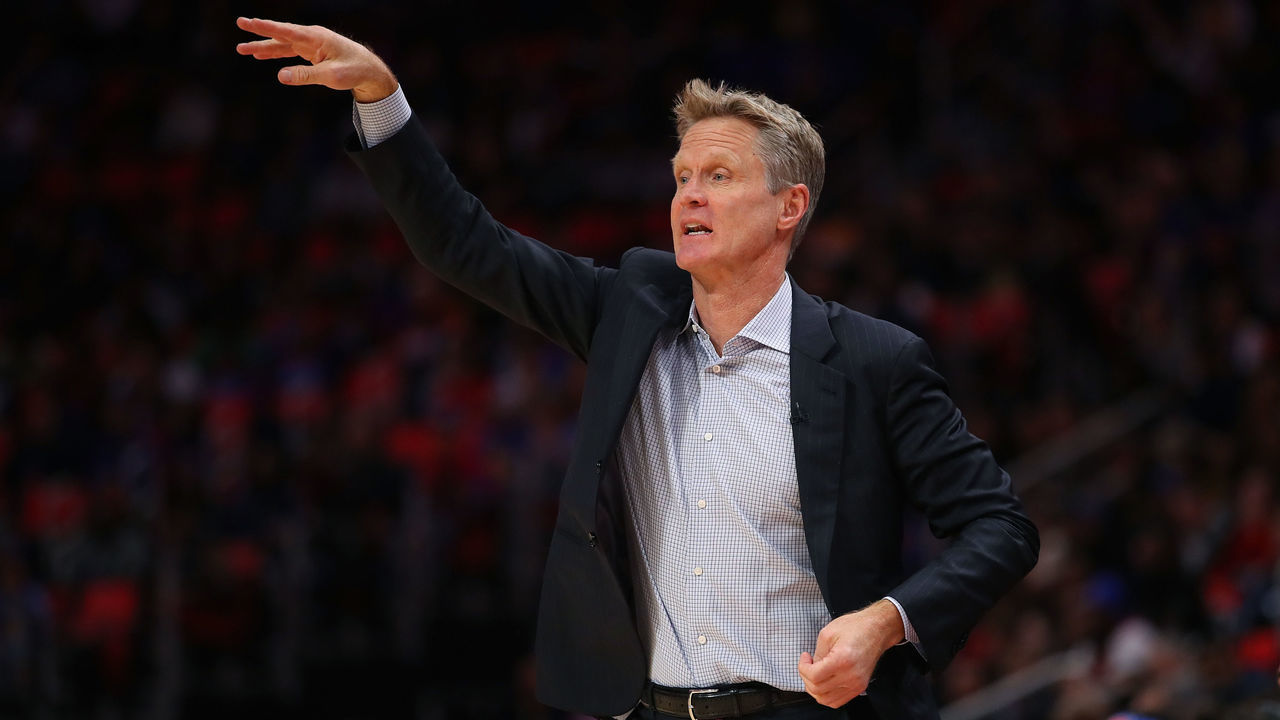 DETROIT, MI - DECEMBER 08: Head coach Steve Kerr of the Golden State Warriors looks on from the bench while playing the Detroit Pistons at Little Caesars Arena on December 8, 2017 in Detroit, Michigan. Golden State won the game 102-98.