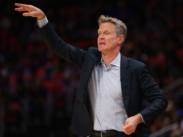 DETROIT, MI - DECEMBER 08: Head coach Steve Kerr of the Golden State Warriors looks on from the bench while playing the Detroit Pistons at Little Caesars Arena on December 8, 2017 in Detroit, Michigan. Golden State won the game 102-98.