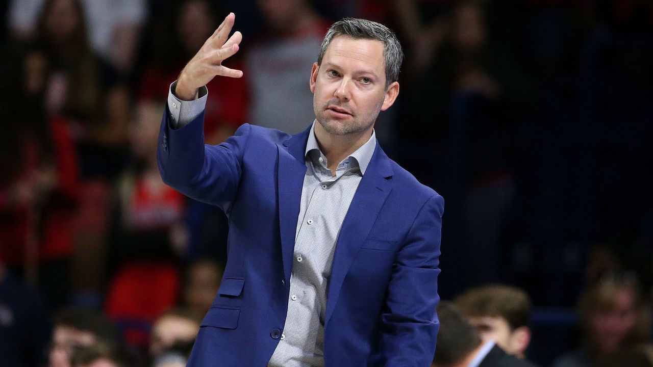 TUCSON, AZ - NOVEMBER 12: Head coach Ryan Odom of the UMBC Retrievers gestures during the first half of the college basketball game against the Arizona Wildcats at McKale Center on November 12, 2017 in Tucson, Arizona.