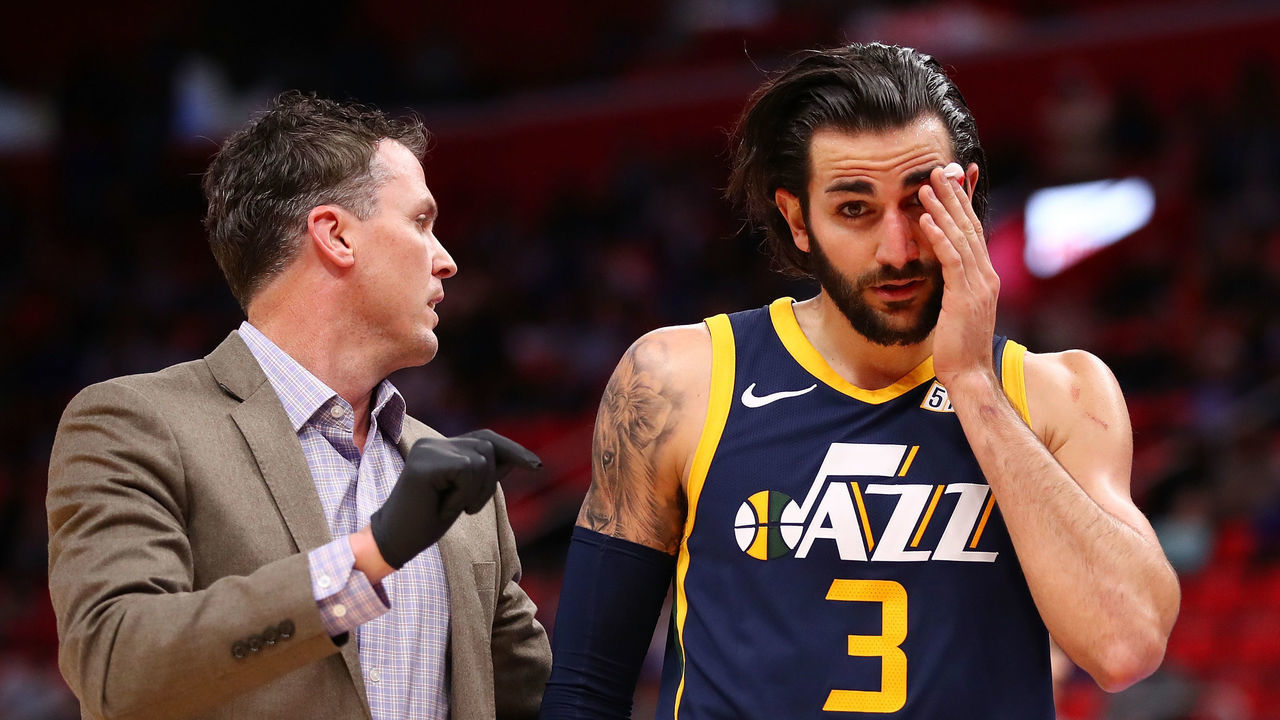 DETROIT, MI - JANUARY 24: Ricky Rubio #3 of the Utah Jazz leaves the floor in the second half with a cut over his left eye while playing the Detroit Pistons at Little Caesars Arena on January 24, 2018 in Detroit, Michigan. Utah won the game 98-95 in overtime.