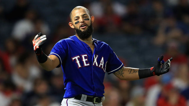 ANAHEIM, CA - AUGUST 24: Rougned Odor #12 of the Texas Rangers reacts after ending the ninth inning with a strikeout during a game against the Los Angeles Angels of Anaheim at Angel Stadium of Anaheim on August 24, 2017 in Anaheim, California.