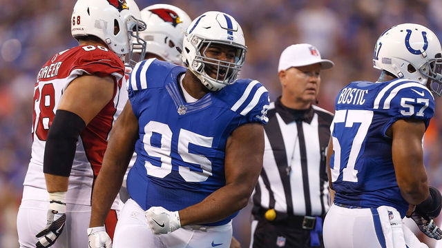 INDIANAPOLIS, IN - SEPTEMBER 17: Johnathan Hankins #95 of the Indianapolis Colts celebrates after a tackle against the Arizona Cardinals during the first half at Lucas Oil Stadium on September 17, 2017 in Indianapolis, Indiana.