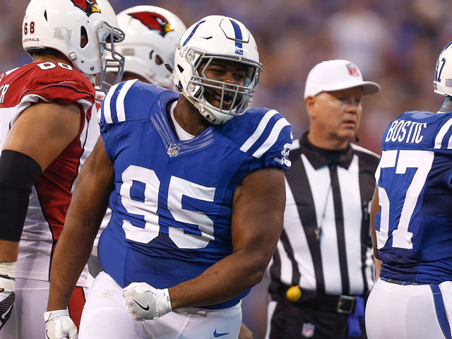 INDIANAPOLIS, IN - SEPTEMBER 17: Johnathan Hankins #95 of the Indianapolis Colts celebrates after a tackle against the Arizona Cardinals during the first half at Lucas Oil Stadium on September 17, 2017 in Indianapolis, Indiana.