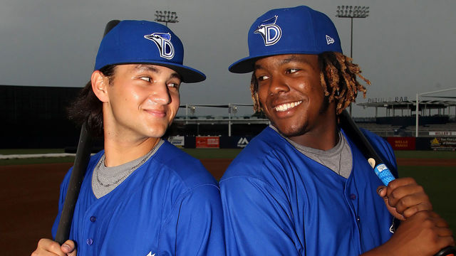 TAMPA, FL - JULY 12: Blue Jays prospects Bo Bichette and Vladimir Guerrero Jr. pose together before the Florida State League game between the Dunedin Blue Jays and the Tampa Yankees on July 12, 2017, at Steinbrenner Field in Tampa, FL.