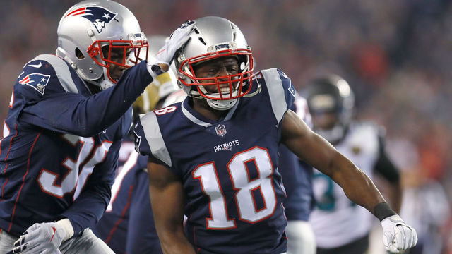 FOXBOROUGH, MA - JANUARY 21: Matthew Slater #18 of the New England Patriots celebrates in the second half during the AFC Championship Game against the Jacksonville Jaguars at Gillette Stadium on January 21, 2018 in Foxborough, Massachusetts.
