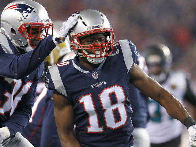 FOXBOROUGH, MA - JANUARY 21: Matthew Slater #18 of the New England Patriots celebrates in the second half during the AFC Championship Game against the Jacksonville Jaguars at Gillette Stadium on January 21, 2018 in Foxborough, Massachusetts.