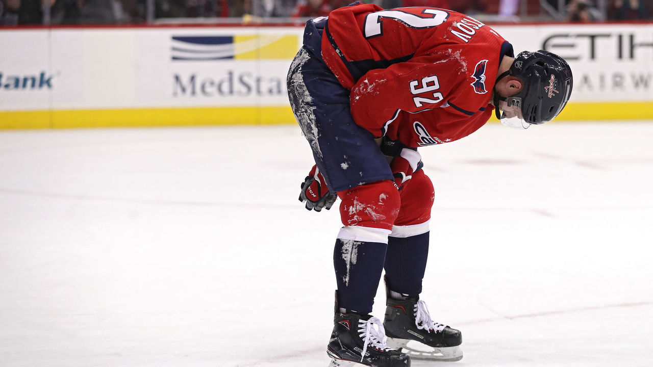 WASHINGTON, DC - MARCH 16: Evgeny Kuznetsov #92 of the Washington Capitals is skates off of the ice after being injured against the New York Islanders during the second period at Capital One Arena on March 16, 2018 in Washington, DC.