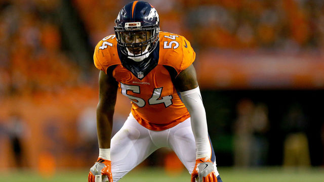 DENVER, CO - SEPTEMBER 08: Inside linebacker Brandon Marshall #54 of the Denver Broncos looks on in the first half against the Carolina Panthers at Sports Authority Field at Mile High on September 8, 2016 in Denver, Colorado.