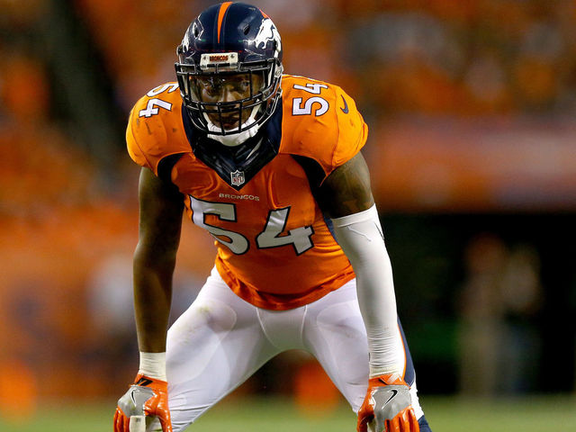 DENVER, CO - SEPTEMBER 08: Inside linebacker Brandon Marshall #54 of the Denver Broncos looks on in the first half against the Carolina Panthers at Sports Authority Field at Mile High on September 8, 2016 in Denver, Colorado.