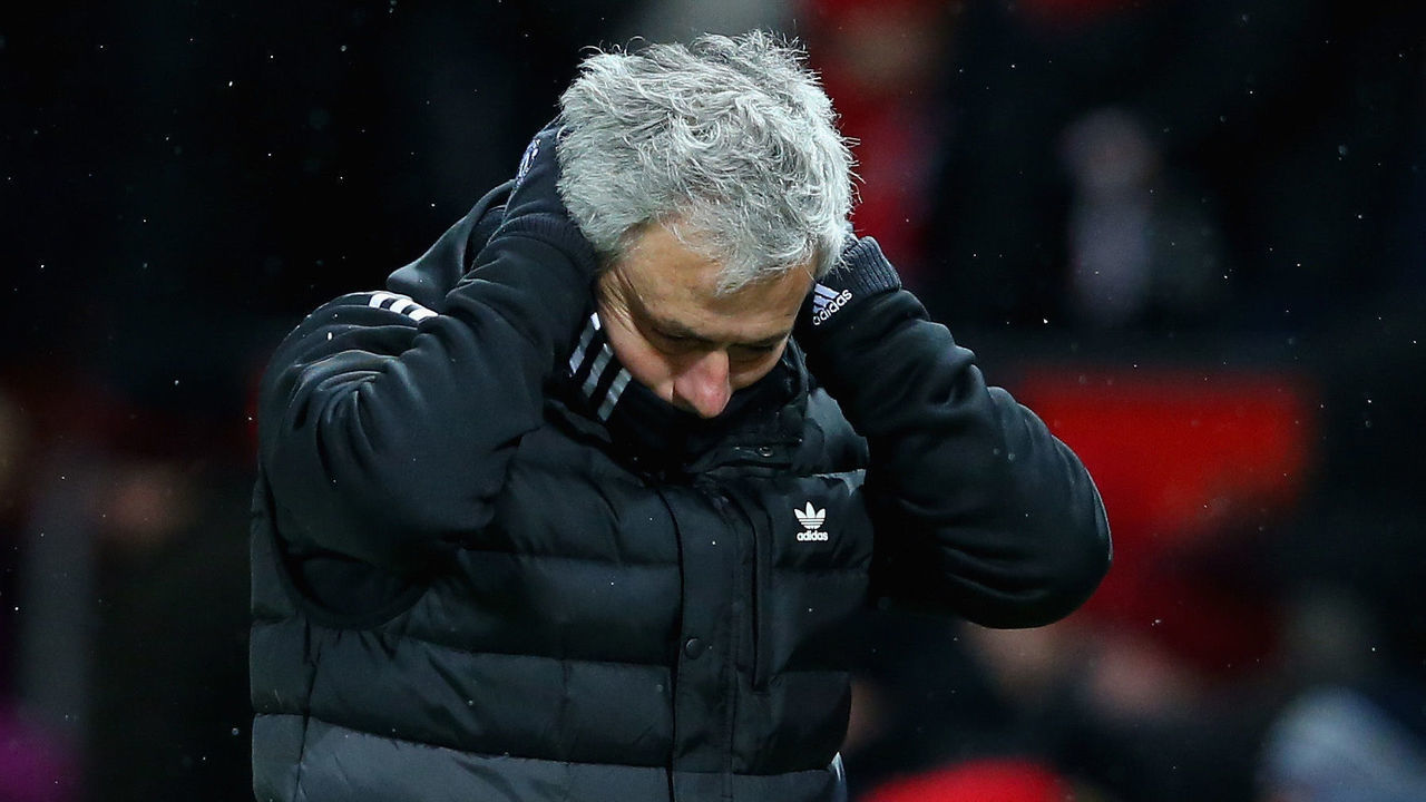 MANCHESTER, ENGLAND - MARCH 17: Jose Mourinho the Manchester United manager makes his way off of the field at half time during the Emirates FA Cup Quarter Final between Manchester United and Brighton & Hove Albion at Old Trafford on March 17, 2018 in Manchester, England.