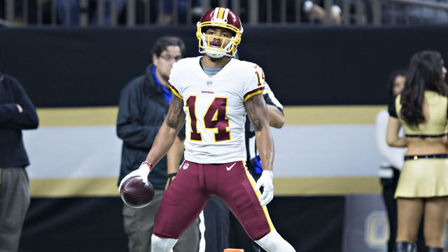 NEW ORLEANS, LA - NOVEMBER 19: Ryan Grant #14 of the Washington Redskins walks into the end zone for a touchdown during a game against the New Orleans Saints at Mercedes-Benz Superdome on November 19, 2017 in New Orleans, Louisiana. Saints defeated the Redskins 34-31.