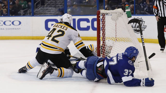 TAMPA, FL - MARCH 17: Boston Bruins right wing David Backes (42) has his leg cut by the skate of Tampa Bay Lightning center Yanni Gourde (37) in the first period of the NHL game between the Boston Bruins and Tampa Bay Lightning on March 17, 2018 at Amalie Arena in Tampa, FL.