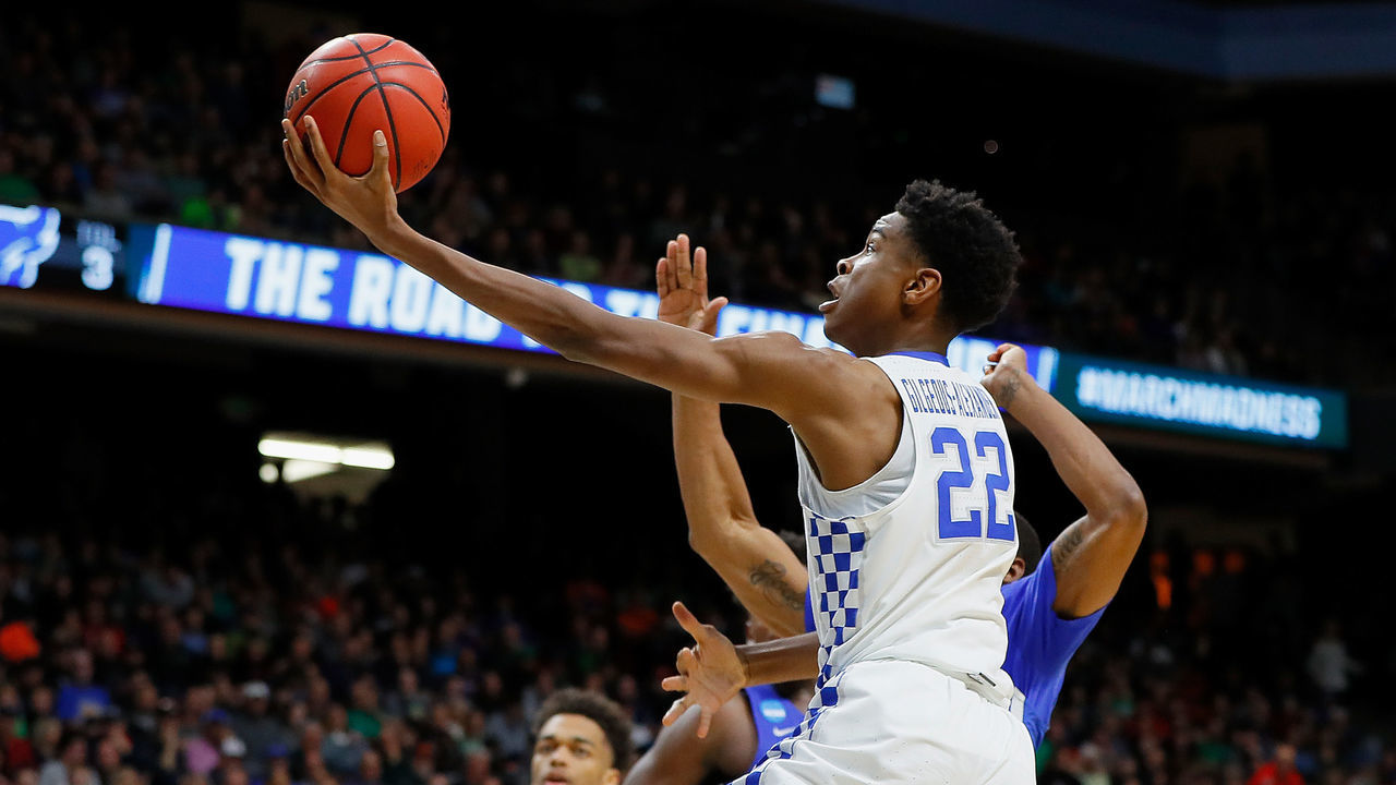 BOISE, ID - MARCH 17: Shai Gilgeous-Alexander #22 of the Kentucky Wildcats drives to the basket during the second half against the Buffalo Bulls in the second round of the 2018 NCAA Men's Basketball Tournament at Taco Bell Arena on March 17, 2018 in Boise, Idaho.
