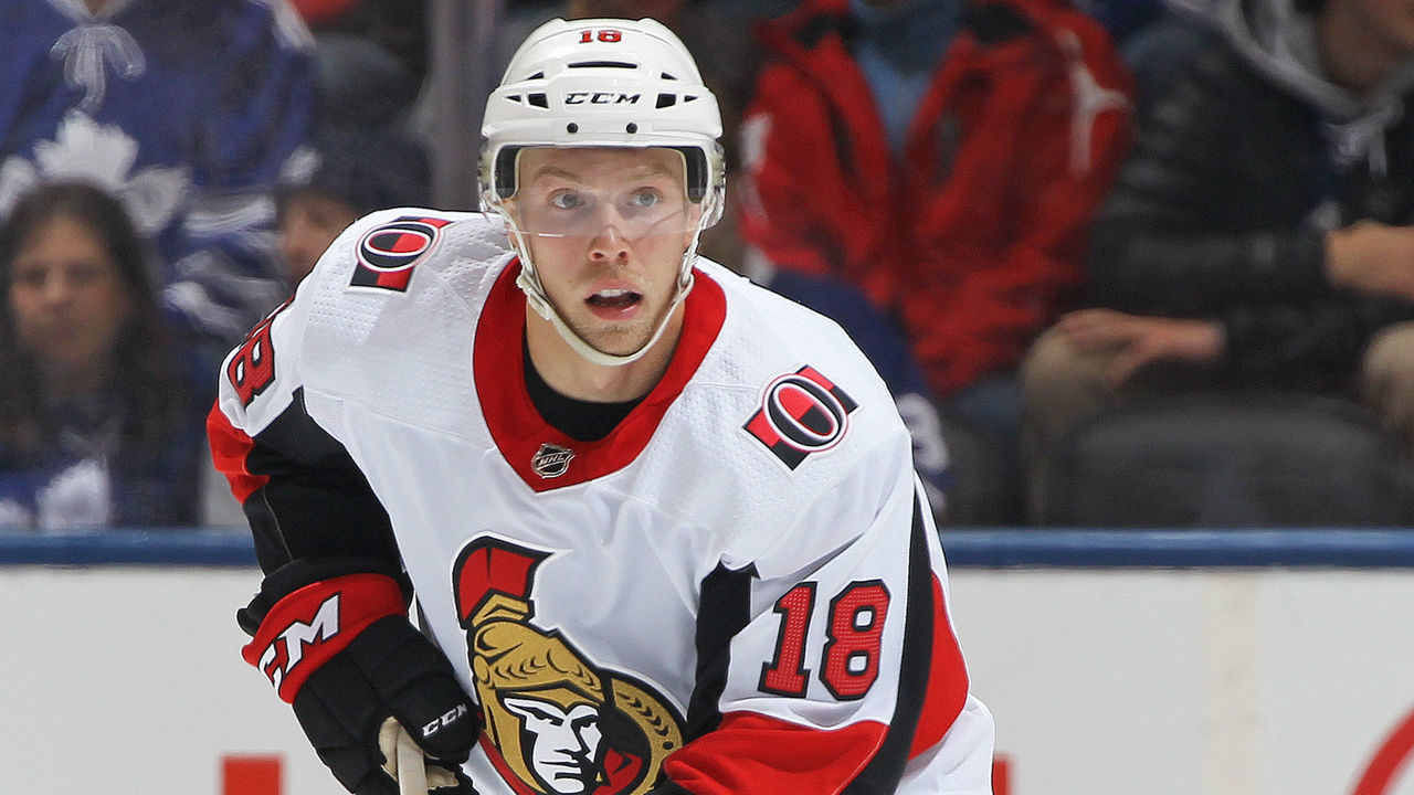 TORONTO, ON - FEBRUARY 10: Ryan Dzingel #18 of the Ottawa Senators skates with the puck against the Toronto Maple Leafs during an NHL game at the Air Canada Centre on February 10, 2018 in Toronto, Ontario, Canada. The Maple Leafs defeated the Senators 6-3.
