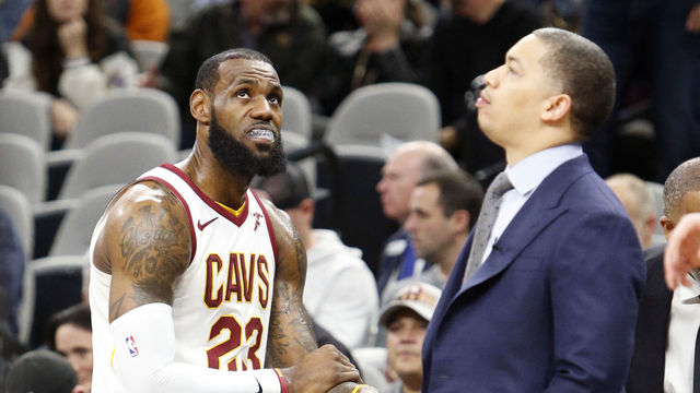 SAN ANTONIO,TX - JANUARY 23 : LeBron James #23 of the Cleveland Cavaliers waits with head coach Tyronn Lue during a time-out in the game against the San Antonio Spurs at AT&T Center on January 23, 2018 in San Antonio, Texas. NOTE TO USER: User expressly acknowledges and agrees that , by downloading and or using this photograph, User is consenting to the terms and conditions of the Getty Images License Agreement.