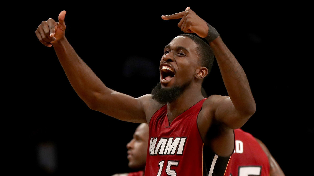 NEW YORK, NY - JANUARY 25: Okaro White #15 of the Miami Heat celebrates the win over the Brooklyn Nets at the Barclays Center on January 25, 2017 in the Brooklyn borough of New York City.The Miami Heat defeated the Brooklyn Nets 109-106.