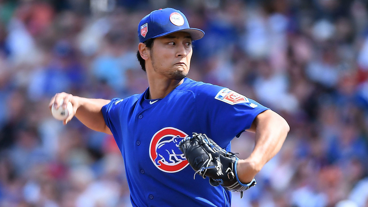MESA, AZ - MARCH 06: Yu Darvish #11 of the Chicago Cubs delivers a first inning pitch during a spring training game against the Los Angeles Dodgers on March 6, 2018 in Mesa, Arizona.