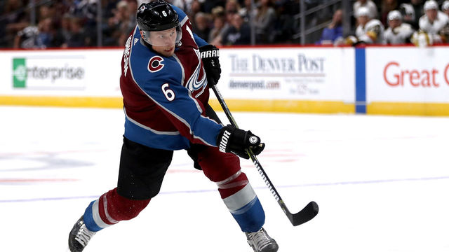 DENVER, CO - SEPTEMBER 19: Erik Johnson #6 of the Colorado Avalanche fires a shot on goal against the Vegas Golden Knighhts at the Pepsi Center on September 19, 2017 in Denver, Colorado.
