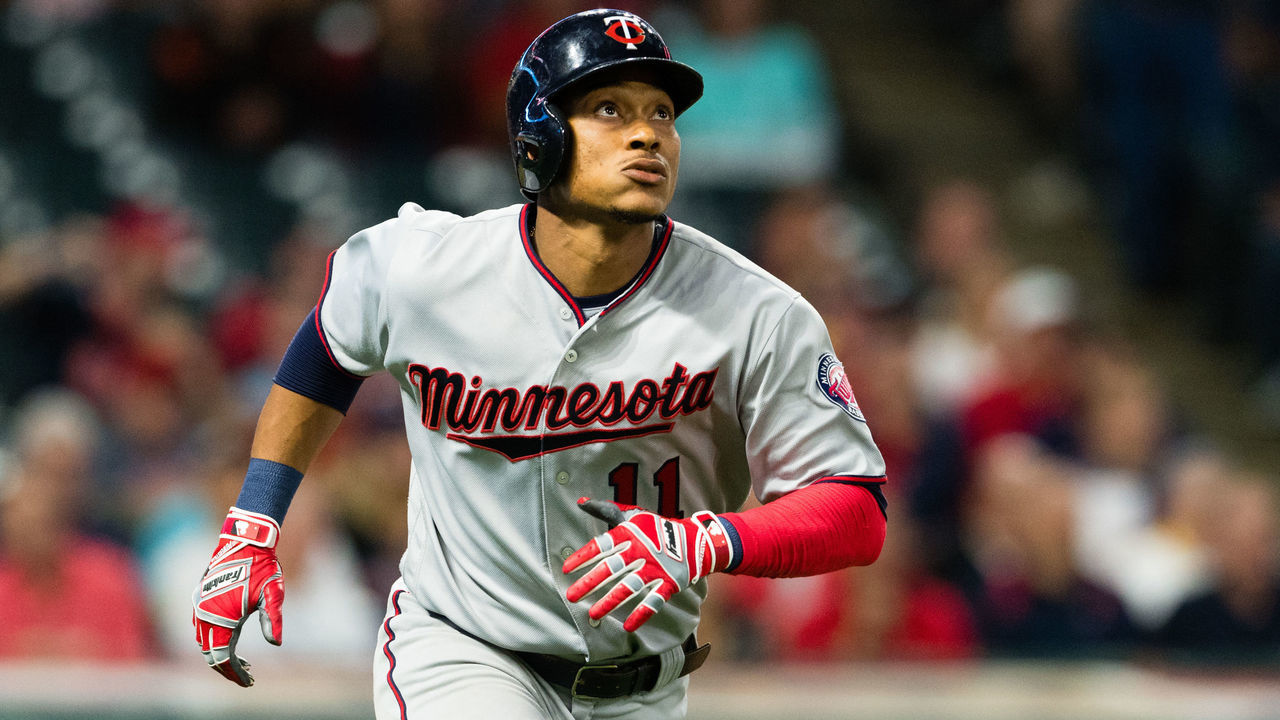 CLEVELAND, OH - SEPTEMBER 27: Jorge Polanco #11 of the Minnesota Twins watches a two run home run clear the right field fence during the ninth inning against the Cleveland Indians at Progressive Field on September 27, 2017 in Cleveland, Ohio. The Indians defeated the Twins 4-2.