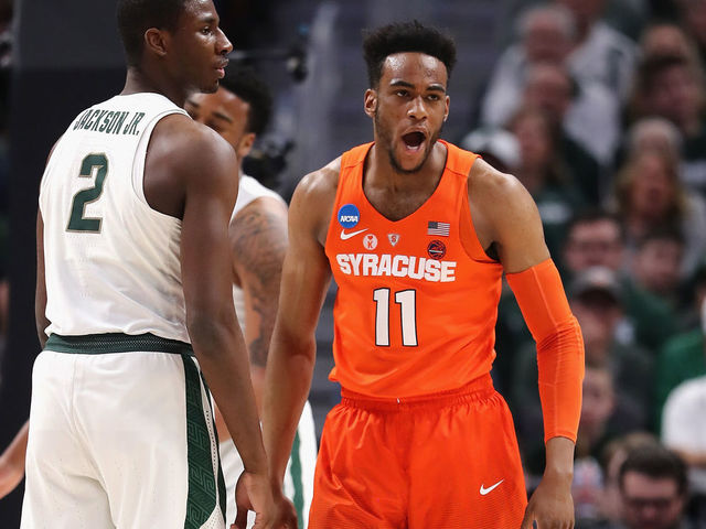 DETROIT, MI - MARCH 18: Oshae Brissett #11 of the Syracuse Orange reacts during the first half against the Michigan State Spartans in the second round of the 2018 NCAA Men's Basketball Tournament at Little Caesars Arena on March 18, 2018 in Detroit, Michigan.