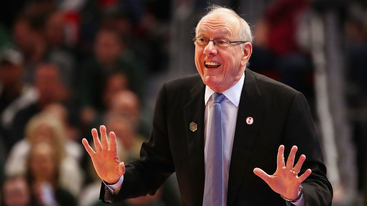 DETROIT, MI - MARCH 18: Head coach Jim Boeheim of the Syracuse Orange reacts during the first half against the Michigan State Spartans in the second round of the 2018 NCAA Men's Basketball Tournament at Little Caesars Arena on March 18, 2018 in Detroit, Michigan.