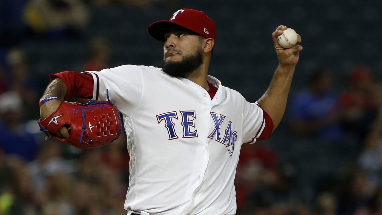 ARLINGTON, TX - SEPTEMBER 29: Martin Perez #33 of the Texas Rangers pitches against the Oakland Athletics during the second inning at Globe Life Park in Arlington on September 29, 2017 in Arlington, Texas.