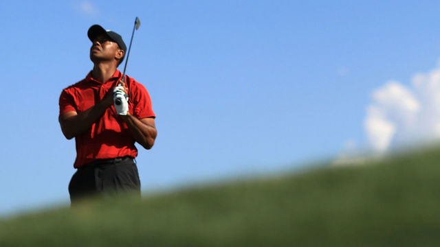 ORLANDO, FL - MARCH 18: Tiger Woods plays his shot from the 14th tee during the final round at the Arnold Palmer Invitational Presented By MasterCard at Bay Hill Club and Lodge on March 18, 2018 in Orlando, Florida.
