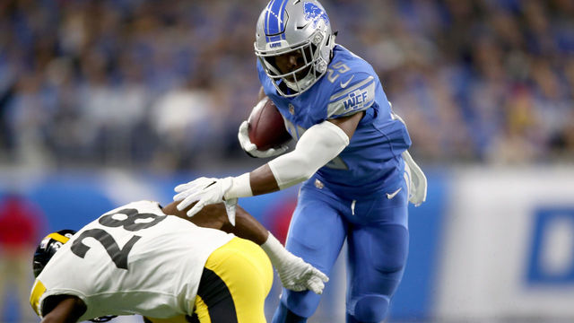 DETROIT, MI - OCTOBER 29: Strong safety Sean Davis #28 of the Pittsburgh Steelers tackles running back Theo Riddick #25 of the Detroit Lions during the first half at Ford Field on October 29, 2017 in Detroit, Michigan.