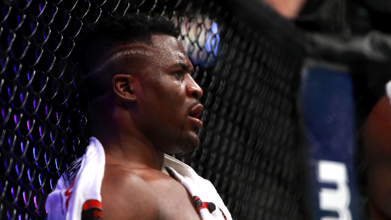 BOSTON, MA - JANUARY 20: Francis Ngannou looks on between rounds against Stipe Miocic in their Heavyweight Championship fight during UFC 220 at TD Garden on January 20, 2018 in Boston, Massachusetts.