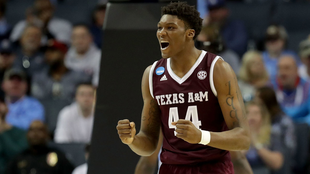 CHARLOTTE, NC - MARCH 18: Robert Williams #44 of the Texas A&M Aggies reacts against the North Carolina Tar Heels during the second round of the 2018 NCAA Men's Basketball Tournament at Spectrum Center on March 18, 2018 in Charlotte, North Carolina.