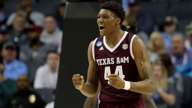 CHARLOTTE, NC - MARCH 18: Robert Williams #44 of the Texas A&M Aggies reacts against the North Carolina Tar Heels during the second round of the 2018 NCAA Men's Basketball Tournament at Spectrum Center on March 18, 2018 in Charlotte, North Carolina.