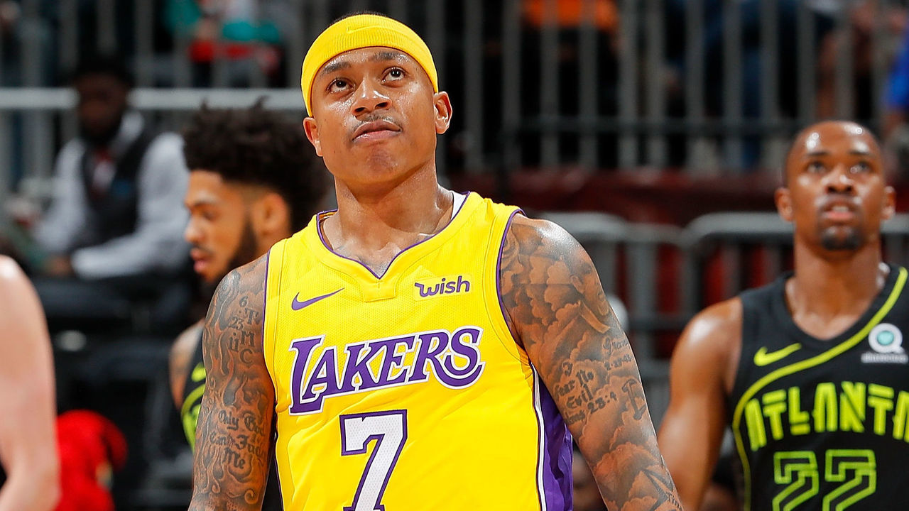 ATLANTA, GA - FEBRUARY 26: Isaiah Thomas #7 of the Los Angeles Lakers reacts during the game against the Atlanta Hawks at Philips Arena on February 26, 2018 in Atlanta, Georgia.