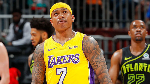 ATLANTA, GA - FEBRUARY 26: Isaiah Thomas #7 of the Los Angeles Lakers reacts during the game against the Atlanta Hawks at Philips Arena on February 26, 2018 in Atlanta, Georgia.