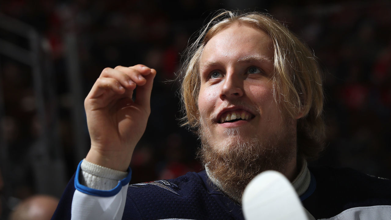 NEWARK, NJ - MARCH 08: Patrik Laine #29 of the Winnipeg Jets prepares to play against the New Jersey Devils at the Prudential Center on March 8, 2018 in Newark, New Jersey.