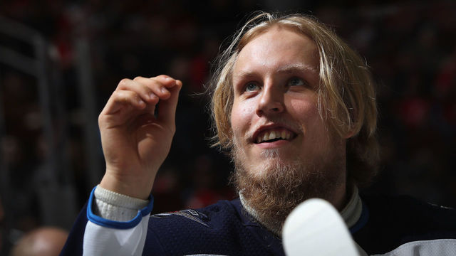 NEWARK, NJ - MARCH 08: Patrik Laine #29 of the Winnipeg Jets prepares to play against the New Jersey Devils at the Prudential Center on March 8, 2018 in Newark, New Jersey.