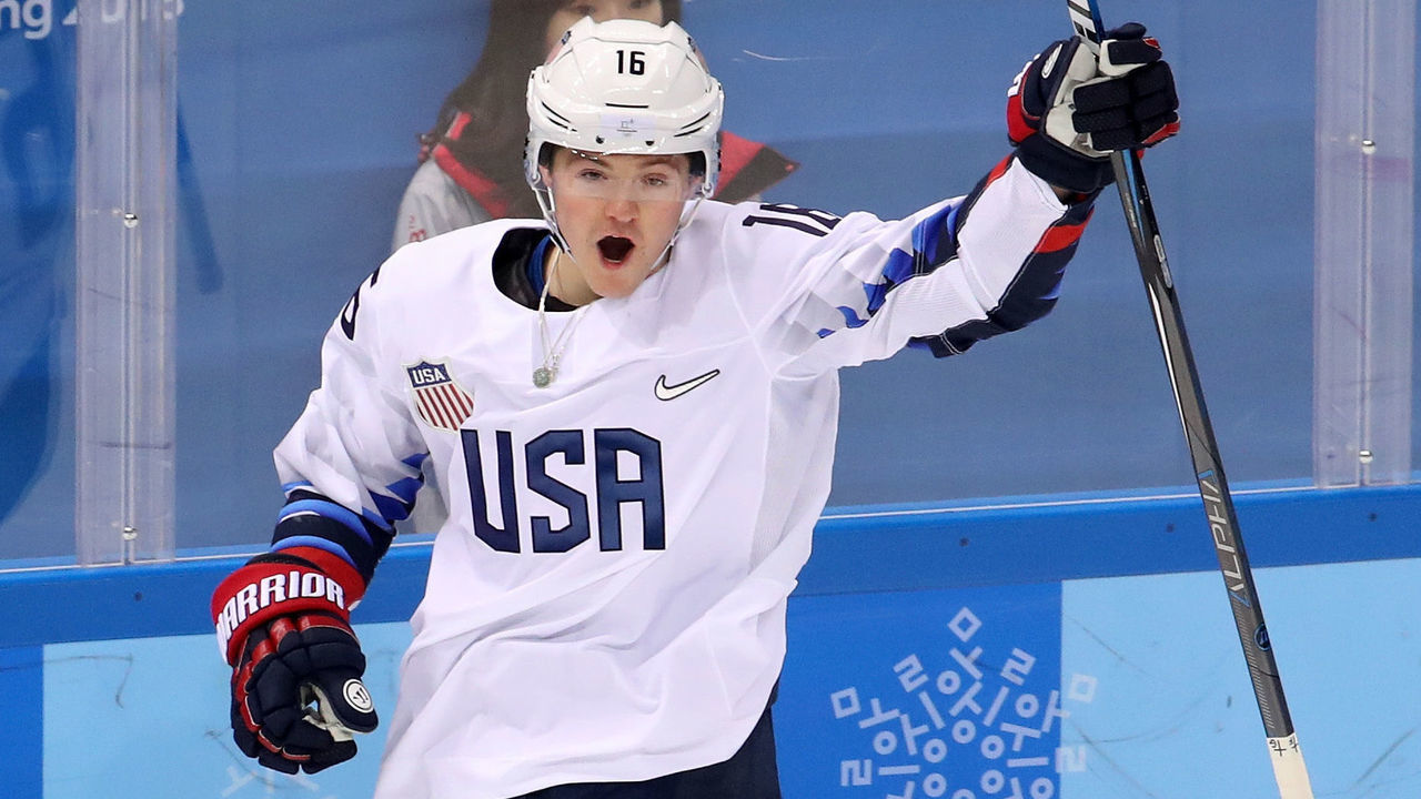 GANGNEUNG, SOUTH KOREA - FEBRUARY 21: Ryan Donato #16 of the United States celebrates after scoring a goal against Czech Republic in the first period during the Men's Play-offs Quarterfinals on day twelve of the PyeongChang 2018 Winter Olympic Games at Gangneung Hockey Centre on February 21, 2018 in Gangneung, South Korea.