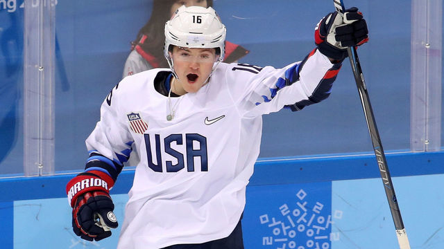 GANGNEUNG, SOUTH KOREA - FEBRUARY 21: Ryan Donato #16 of the United States celebrates after scoring a goal against Czech Republic in the first period during the Men's Play-offs Quarterfinals on day twelve of the PyeongChang 2018 Winter Olympic Games at Gangneung Hockey Centre on February 21, 2018 in Gangneung, South Korea.